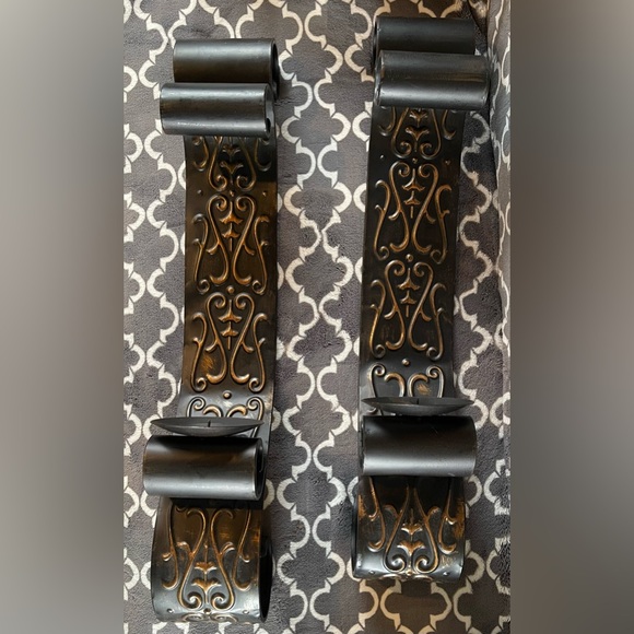 Pair Brown Bronze Fancy Scrolled Metal Hanging Wall Pillar Candle Sconce - Picture 2 of 4